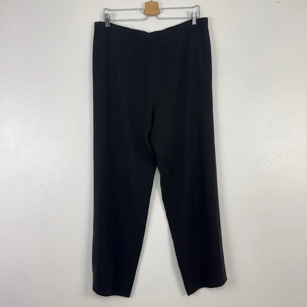 Eileen Fisher 100% Silk‎ Crepe Wide Leg Pants Large Petite Black Pull On Flowy